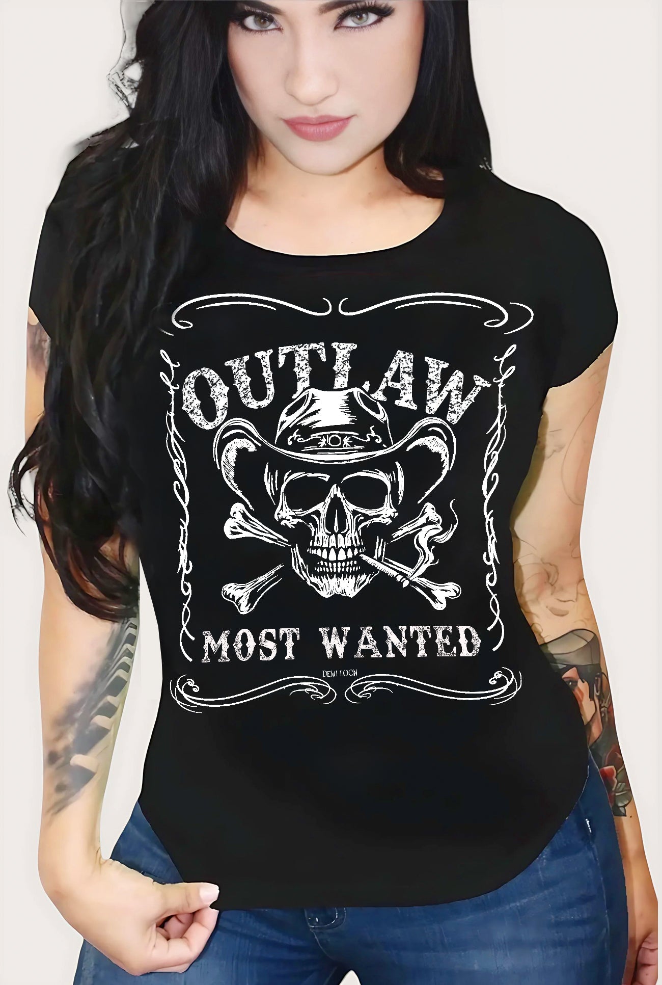 Outlaw Skull Cowboy Graphic Biker Cowgirl Country Tee