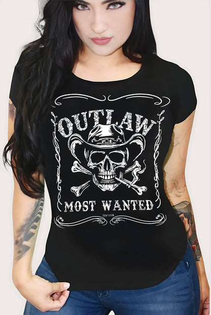 Outlaw Skull Cowboy Graphic Biker Cowgirl Country Tee