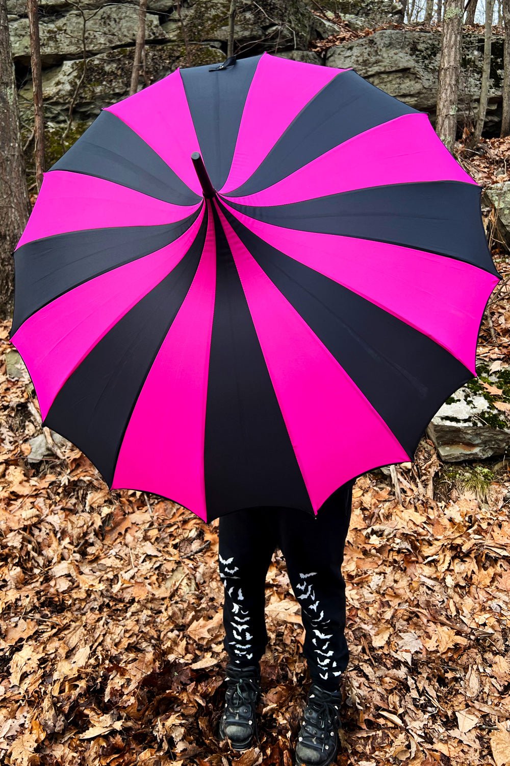 Batwing Pagoda Umbrella BLACK and HOT PINK STRIPED