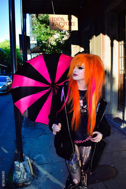 Batwing Pagoda Umbrella BLACK and HOT PINK STRIPED