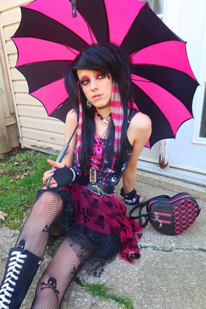Batwing Pagoda Umbrella BLACK and HOT PINK STRIPED