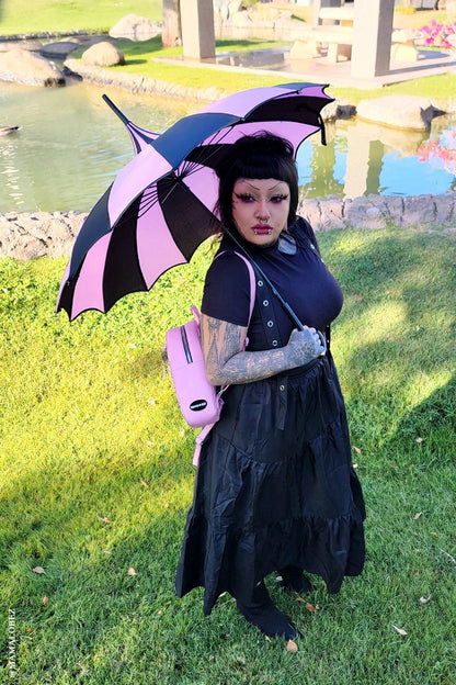 Batwing Pagoda Umbrella BLACK and PASTEL PINK STRIPED