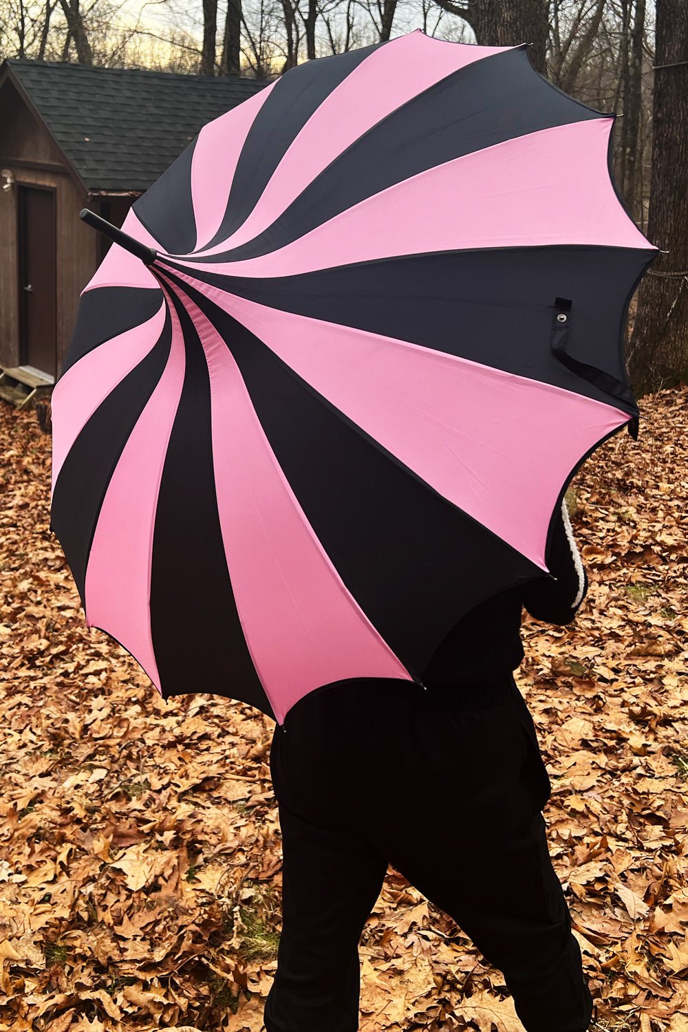 Batwing Pagoda Umbrella BLACK and PASTEL PINK STRIPED