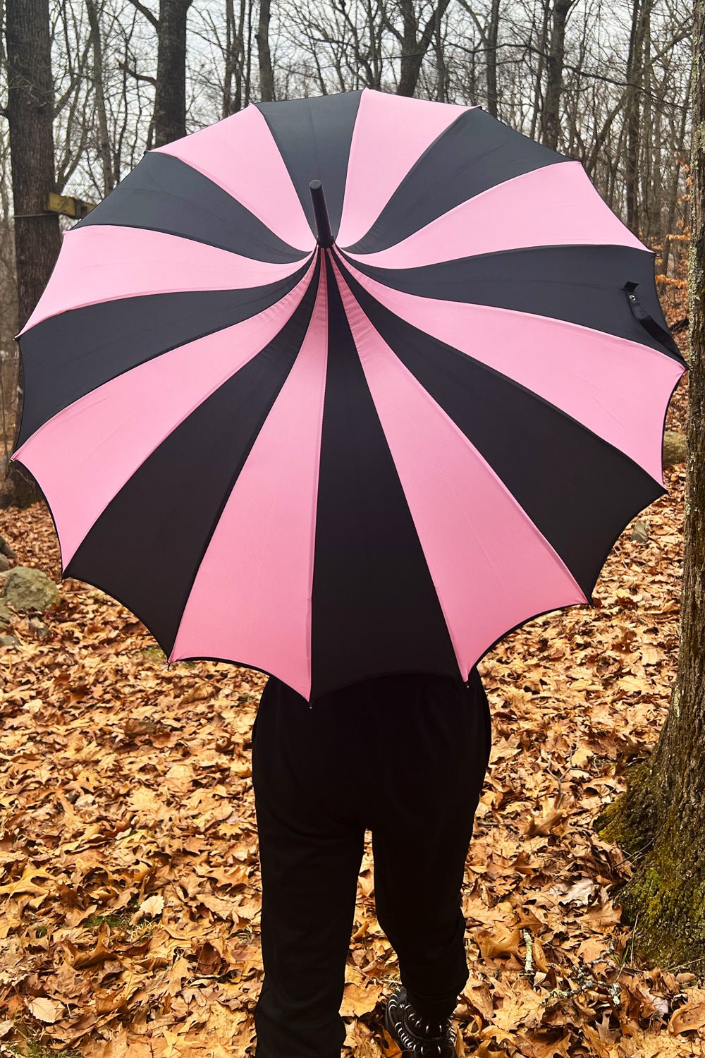 Batwing Pagoda Umbrella BLACK and PASTEL PINK STRIPED