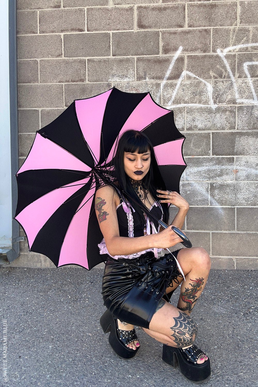 Batwing Pagoda Umbrella BLACK and PASTEL PINK STRIPED