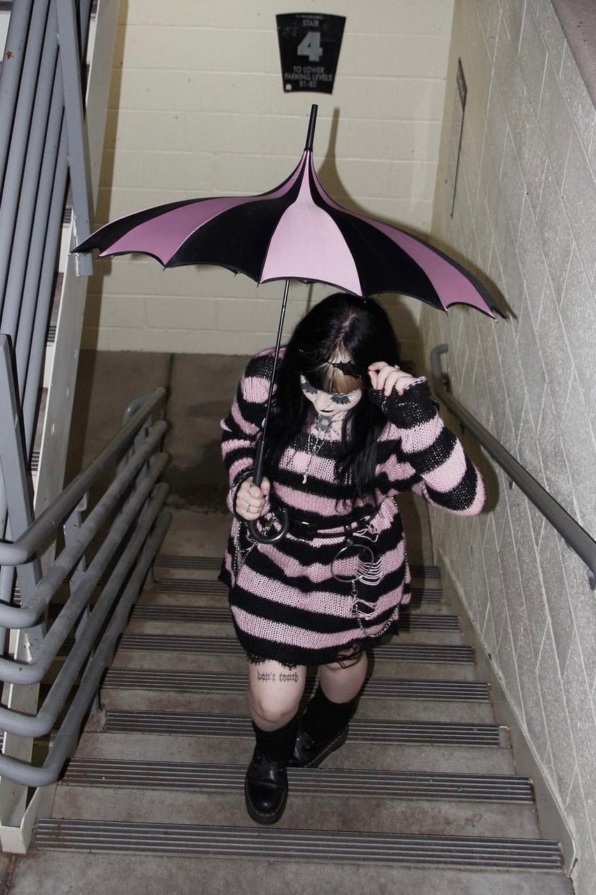 Batwing Pagoda Umbrella BLACK and PASTEL PINK STRIPED