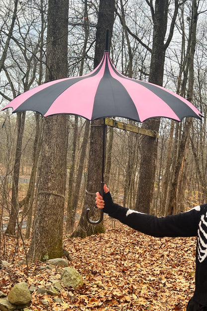 Batwing Pagoda Umbrella BLACK and PASTEL PINK STRIPED