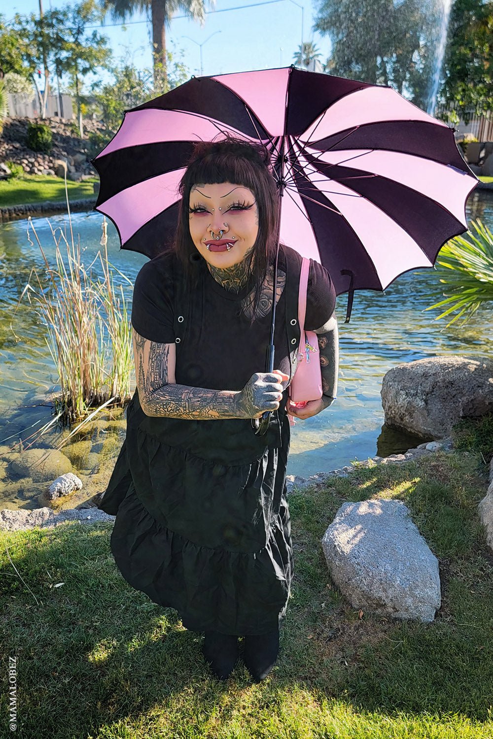Batwing Pagoda Umbrella BLACK and PASTEL PINK STRIPED