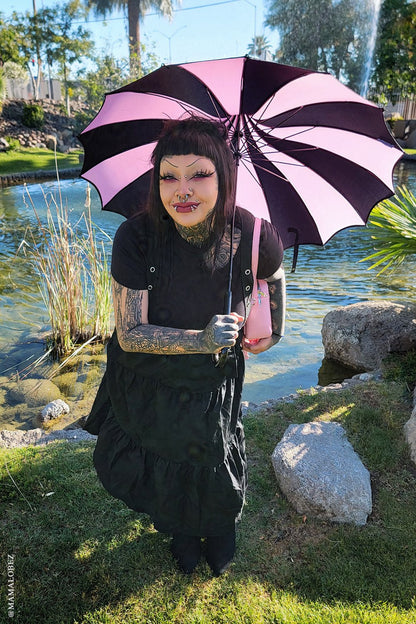Batwing Pagoda Umbrella BLACK and PASTEL PINK STRIPED