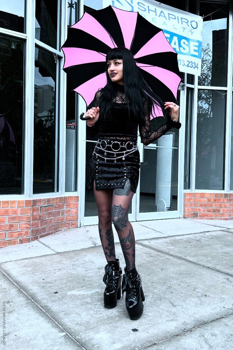Batwing Pagoda Umbrella BLACK and PASTEL PINK STRIPED