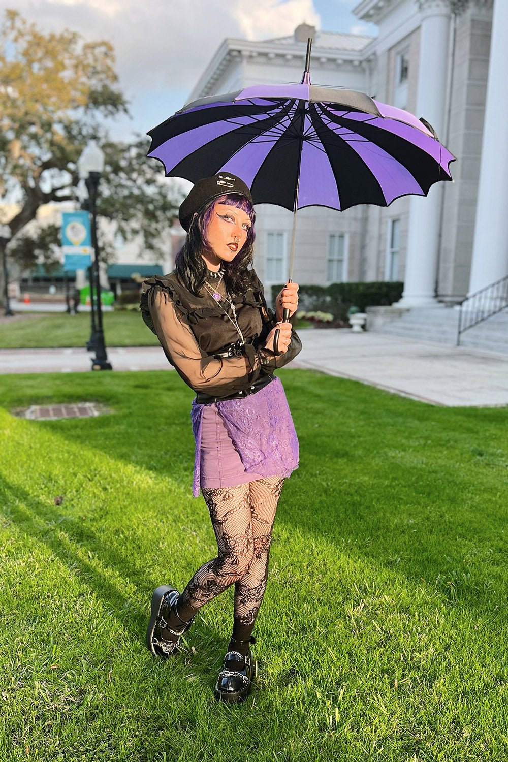 Batwing Pagoda Umbrella BLACK and LIGHT PURPLE