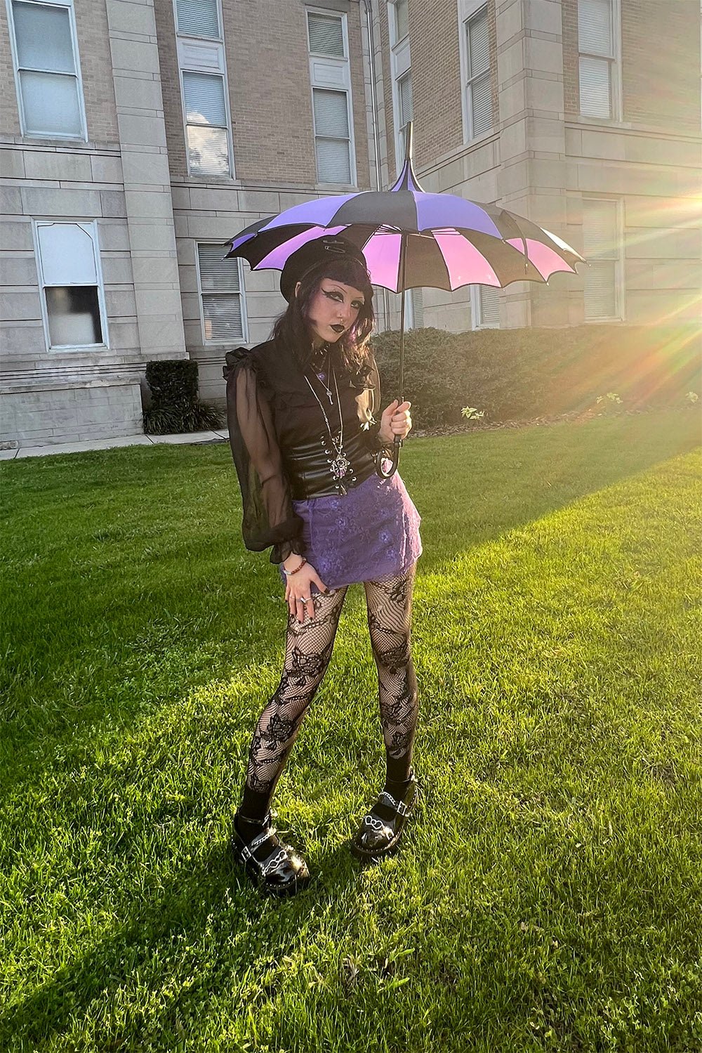 Batwing Pagoda Umbrella BLACK and LIGHT PURPLE