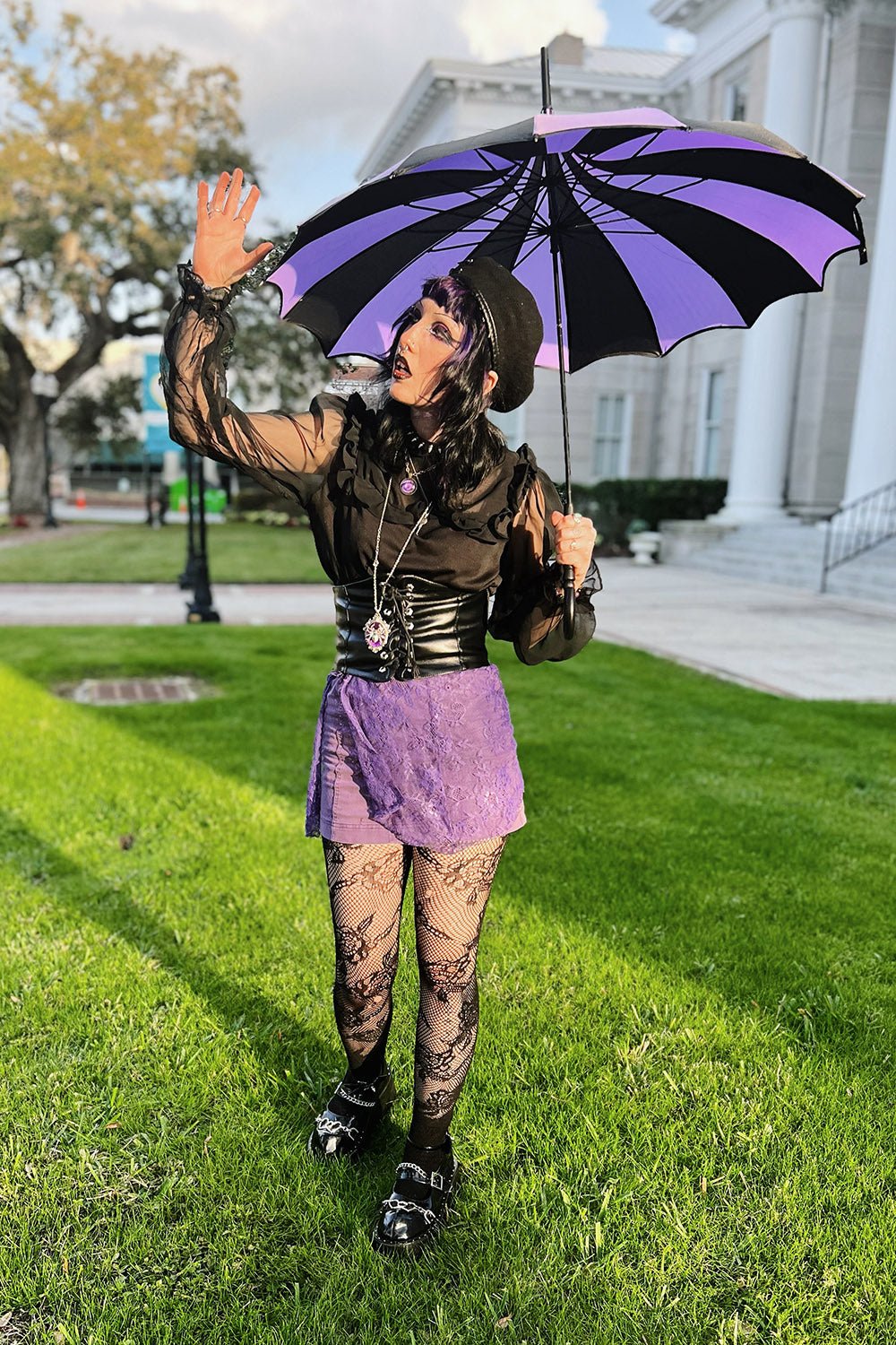 Batwing Pagoda Umbrella BLACK and LIGHT PURPLE