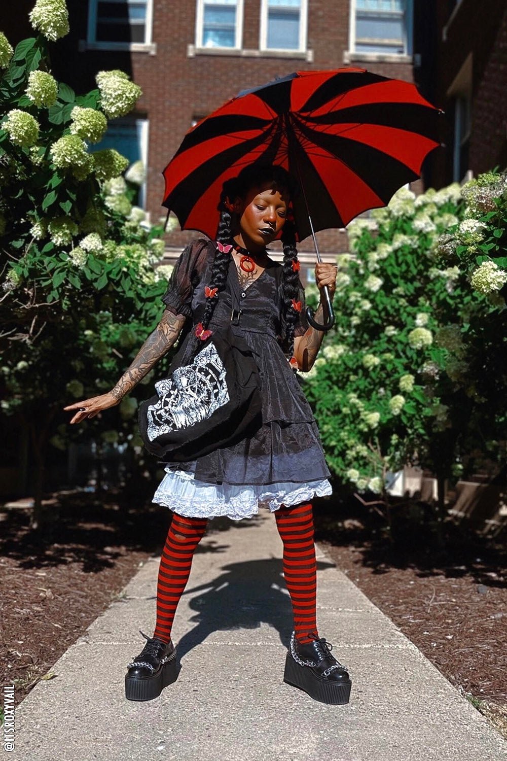 Batwing Pagoda Umbrella BLACK and RED STRIPED