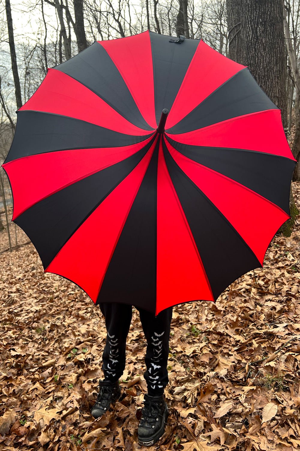 Batwing Pagoda Umbrella BLACK and RED STRIPED