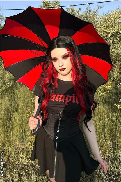 Batwing Pagoda Umbrella BLACK and RED STRIPED
