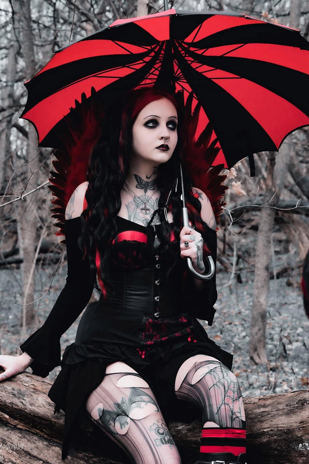 Batwing Pagoda Umbrella BLACK and RED STRIPED