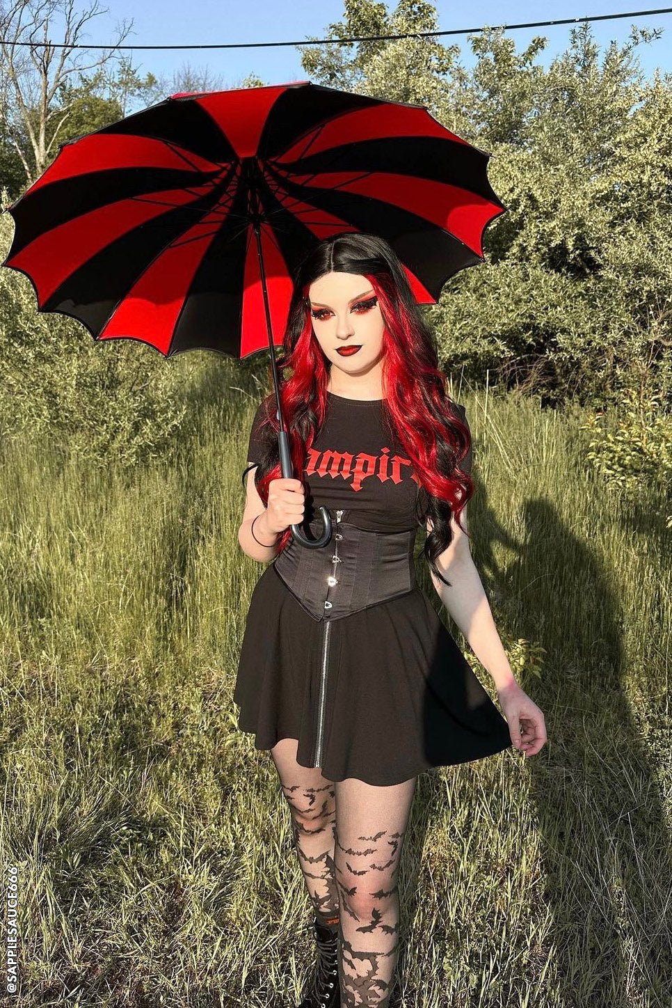 Batwing Pagoda Umbrella BLACK and RED STRIPED