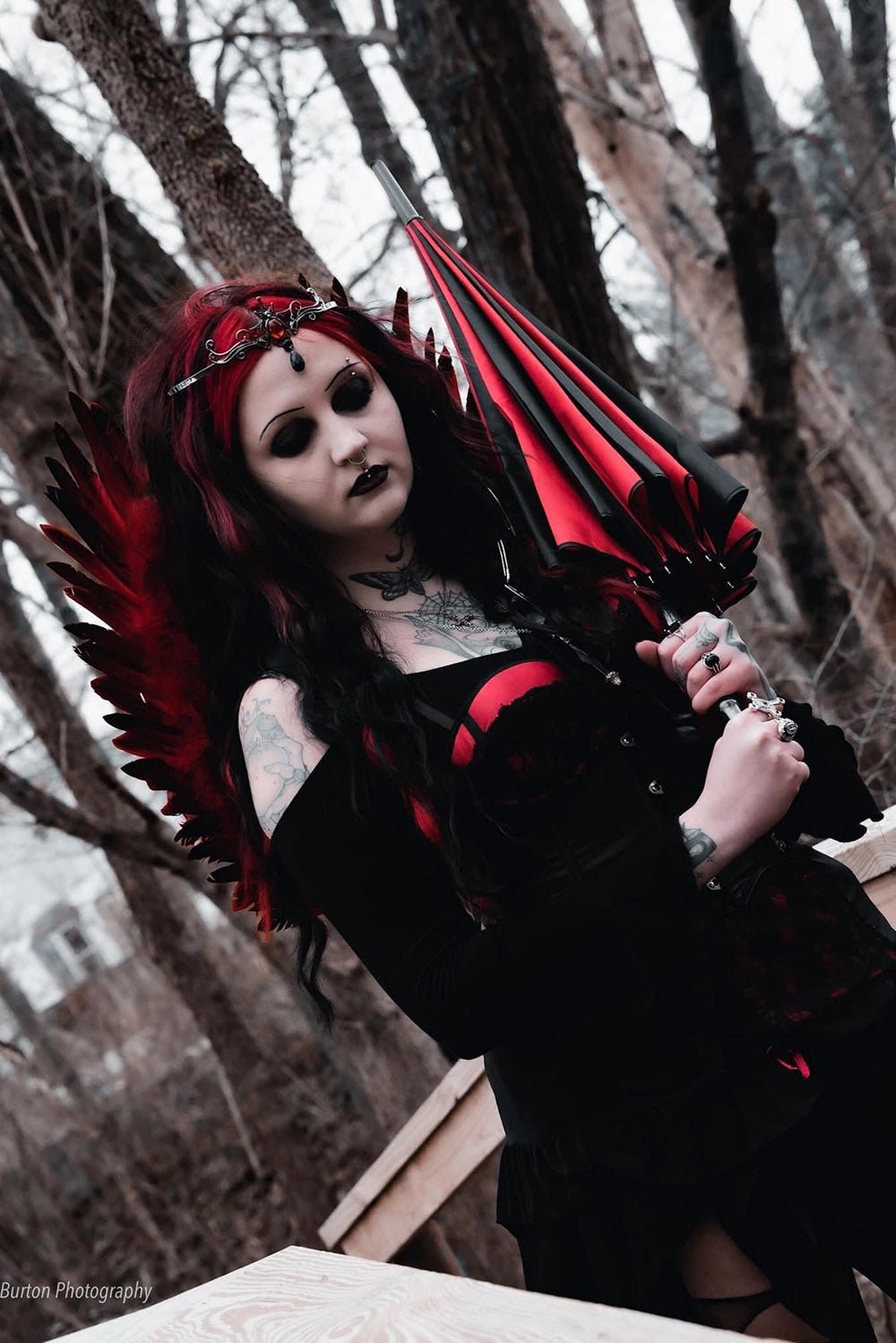 Batwing Pagoda Umbrella BLACK and RED STRIPED