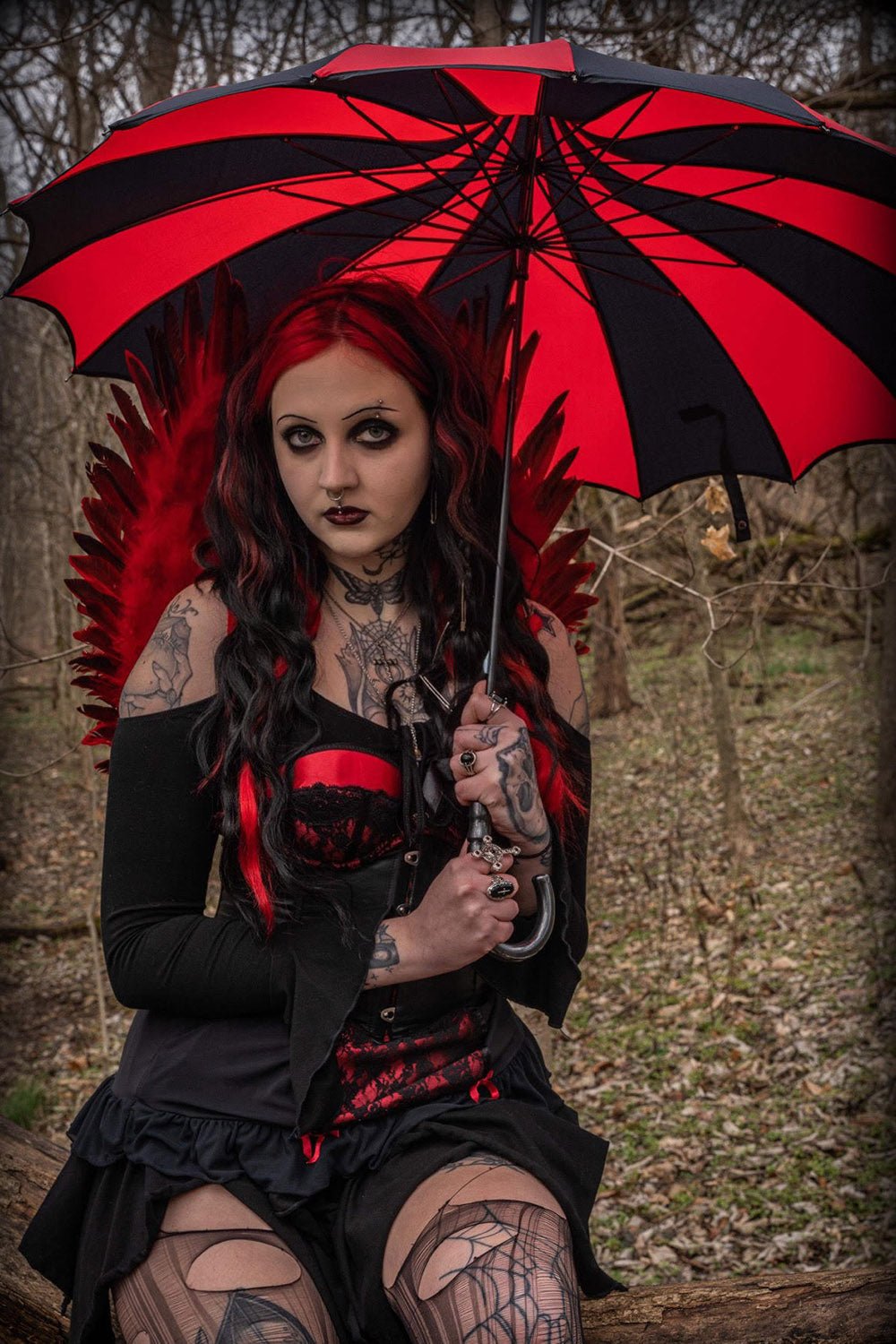 Batwing Pagoda Umbrella BLACK and RED STRIPED