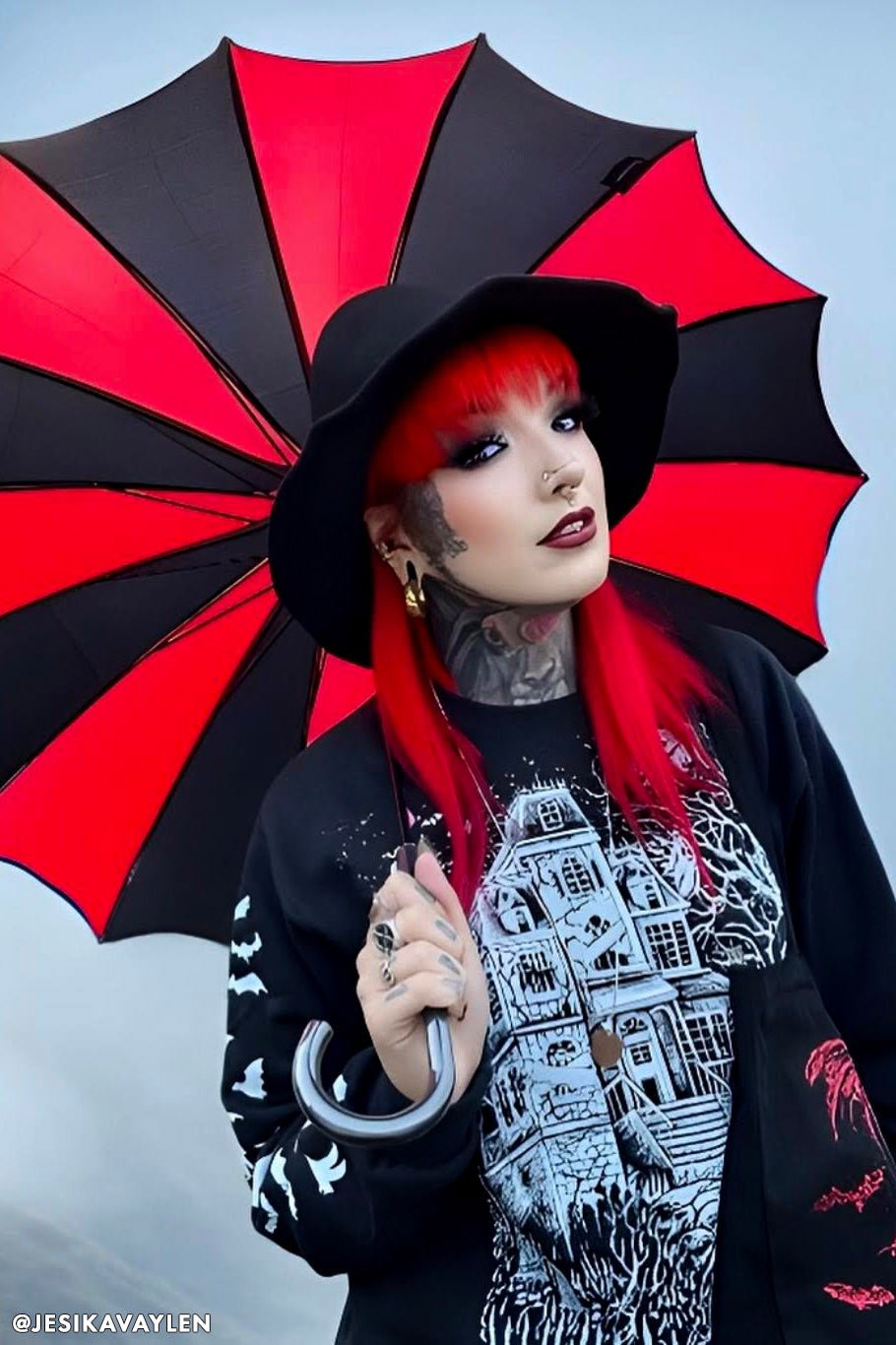 Batwing Pagoda Umbrella BLACK and RED STRIPED