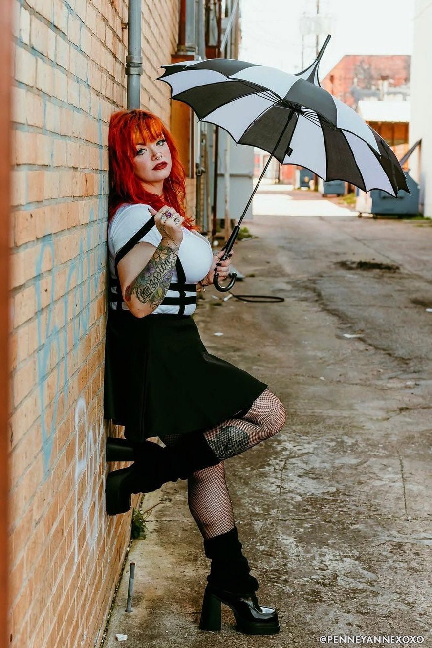 Batwing Pagoda Umbrella BLACK and WHITE STRIPED