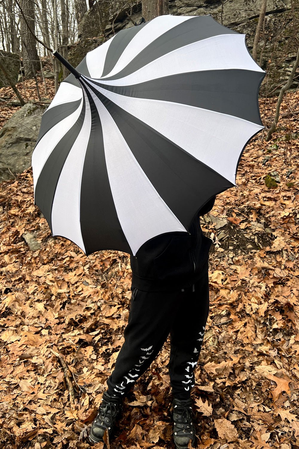 Batwing Pagoda Umbrella BLACK and WHITE STRIPED