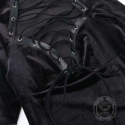 Black Lace Up Velvet Long Sleeve Bodycon Dress