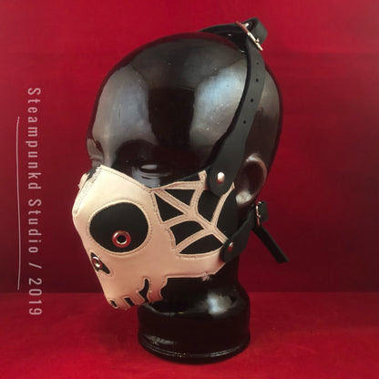 Handmade Black White Leather Skull and Spider Web Half Mask