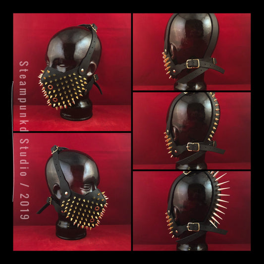 Handmade Black Leather Gold Super Spiked Half Mask