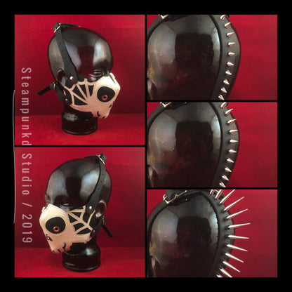 Handmade Black White Leather Skull and Spider Web Half Mask