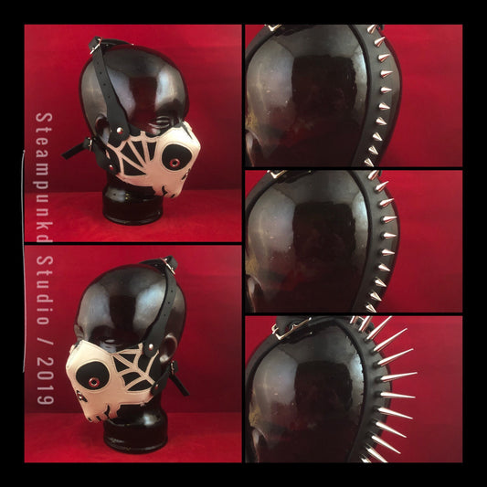 Handmade Black White Leather Skull and Spider Web Half Mask