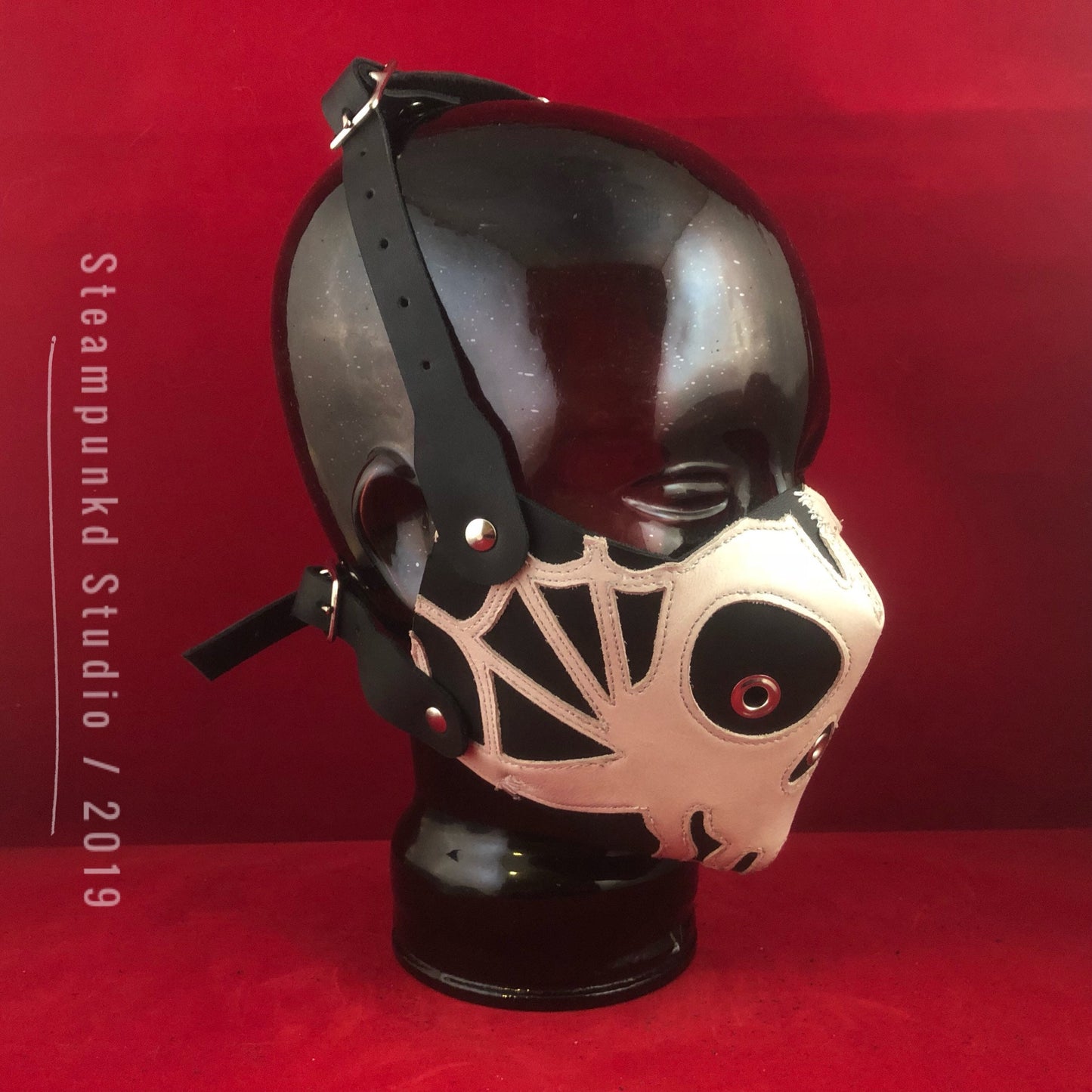 Handmade Black White Leather Skull and Spider Web Half Mask