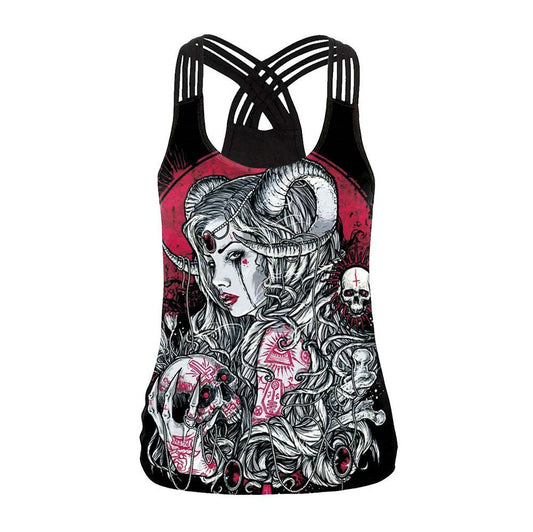 Horned Pagan Girl & Skulls Print Tank Tops | Sleeveless Blouses | Cute Dark Gothic Fashion