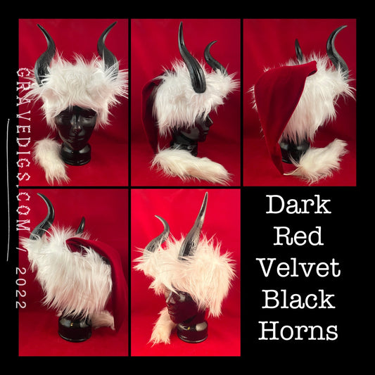Krampus Hat | Black or Red / Dark Red Velvet and Plush Faux Fur Hats with Red or Black Horns