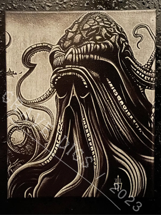 Cthulhu World Conqueror Original Glow In The Dark Canvas Wall Art | Handmade | Gothic Skull Home Decor