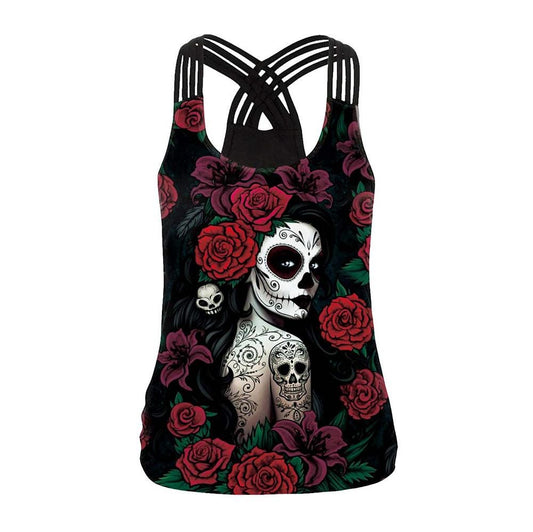 Day of the Dead Girl & Roses Print Tank Tops | Sleeveless Blouses | Cute Dark Gothic Fashion