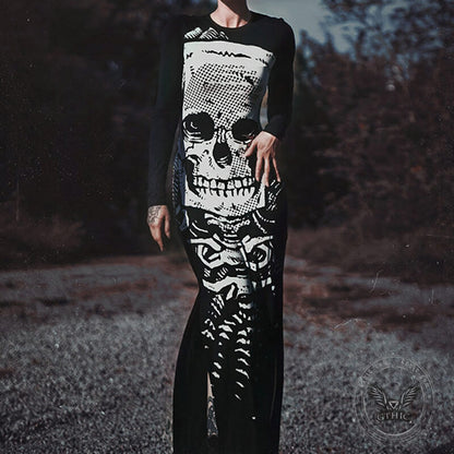 Scary Skeleton Print Polyester Maxi Dress