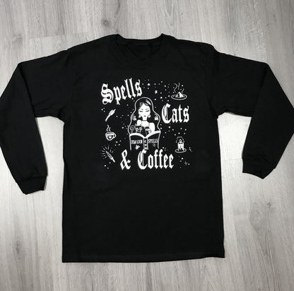 Spells Cats & Coffee Long Sleeve Boyfriend LS Tee- Black