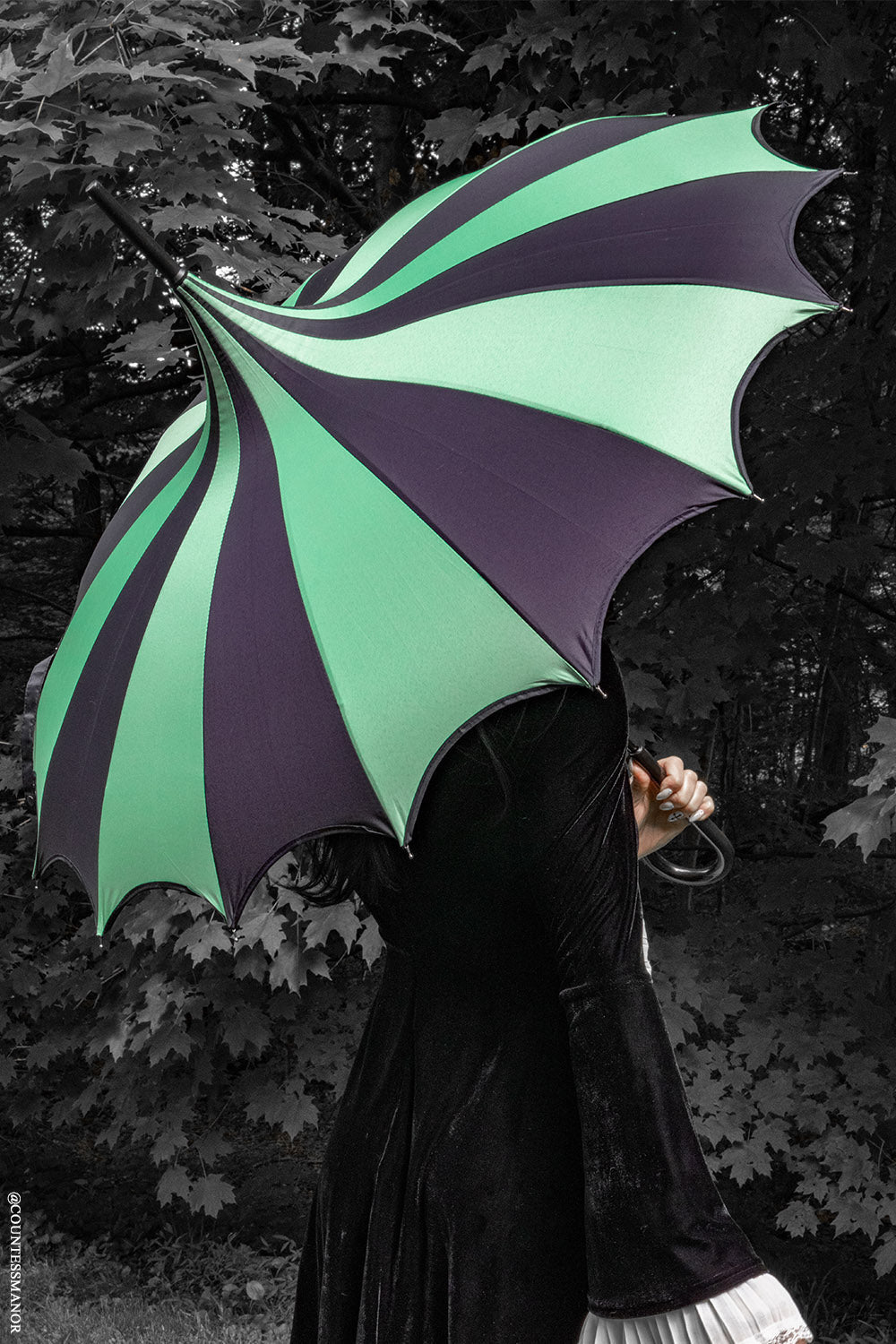 Batwing Pagoda Umbrella BLACK and GREEN STRIPED
