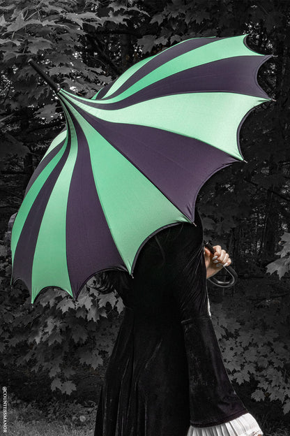 Batwing Pagoda Umbrella BLACK and GREEN STRIPED