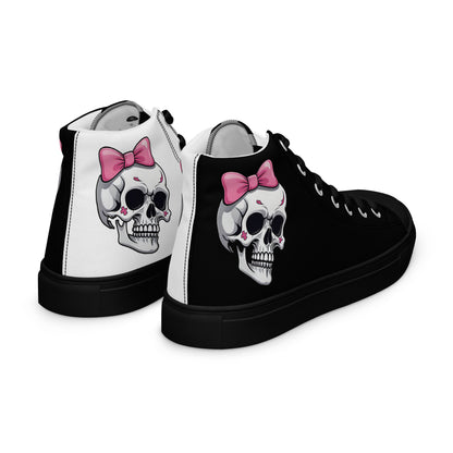 Black and White Girly Skull with Pink Bow Women’s High Top Canvas Shoes